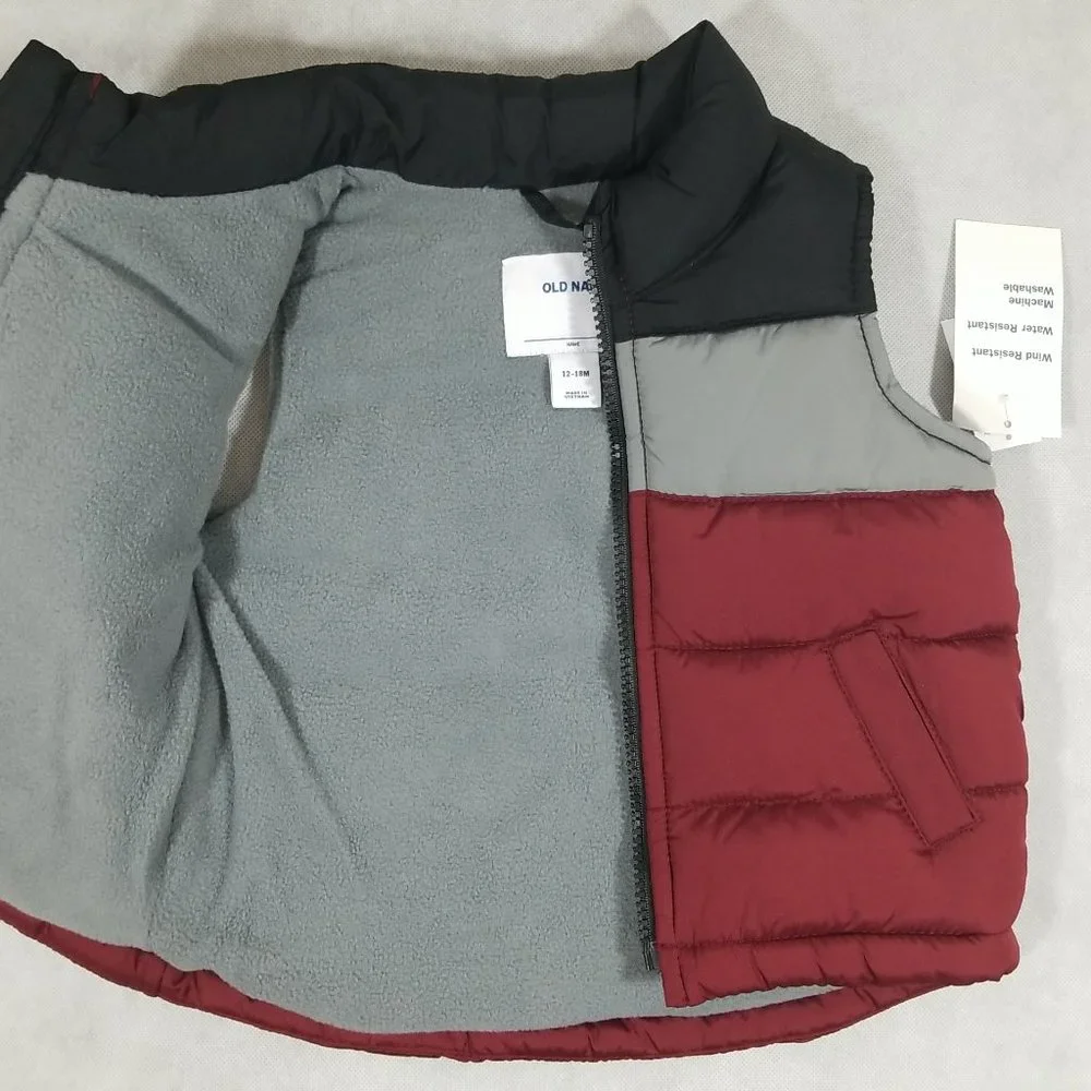 Old Navy Puffer Vest Toddler Boys 12-18m Burgundy Gray Sleeveless Full Zip‎ NWT